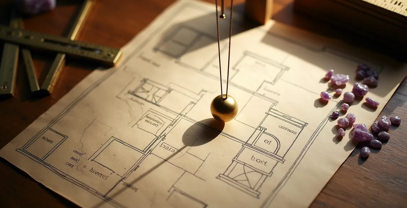 Vista dall'alto di una mappa della casa divisa in quadranti numerati con pendolo sospeso