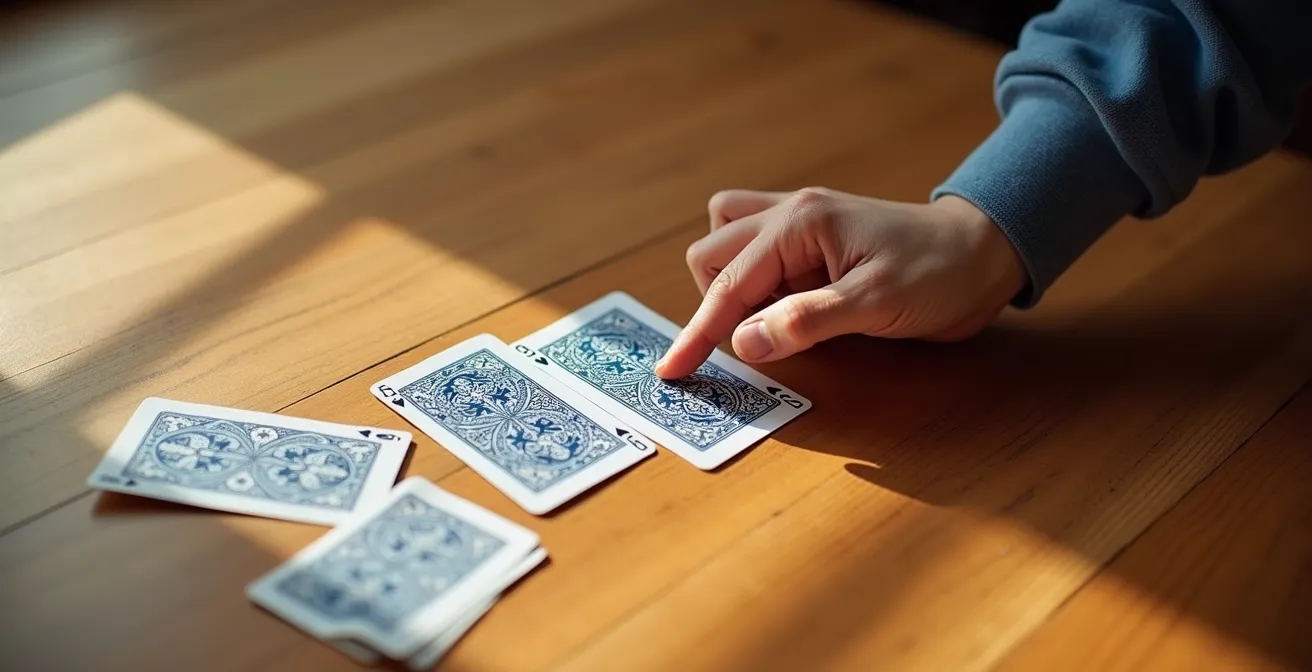 Vista dall'alto di un tavolo con carte da gioco coperte e una mano sospesa sopra