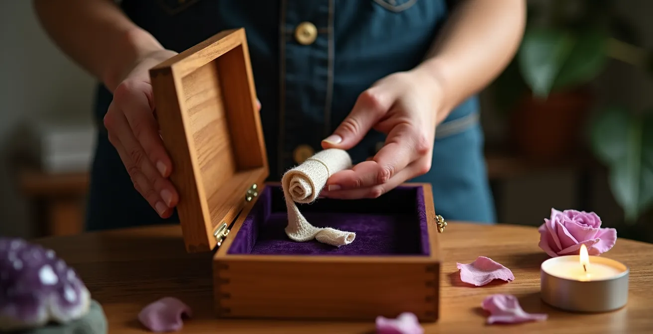 Piccolo altare personale con scatola di legno e tessuto di seta per conservare strumenti divinatori