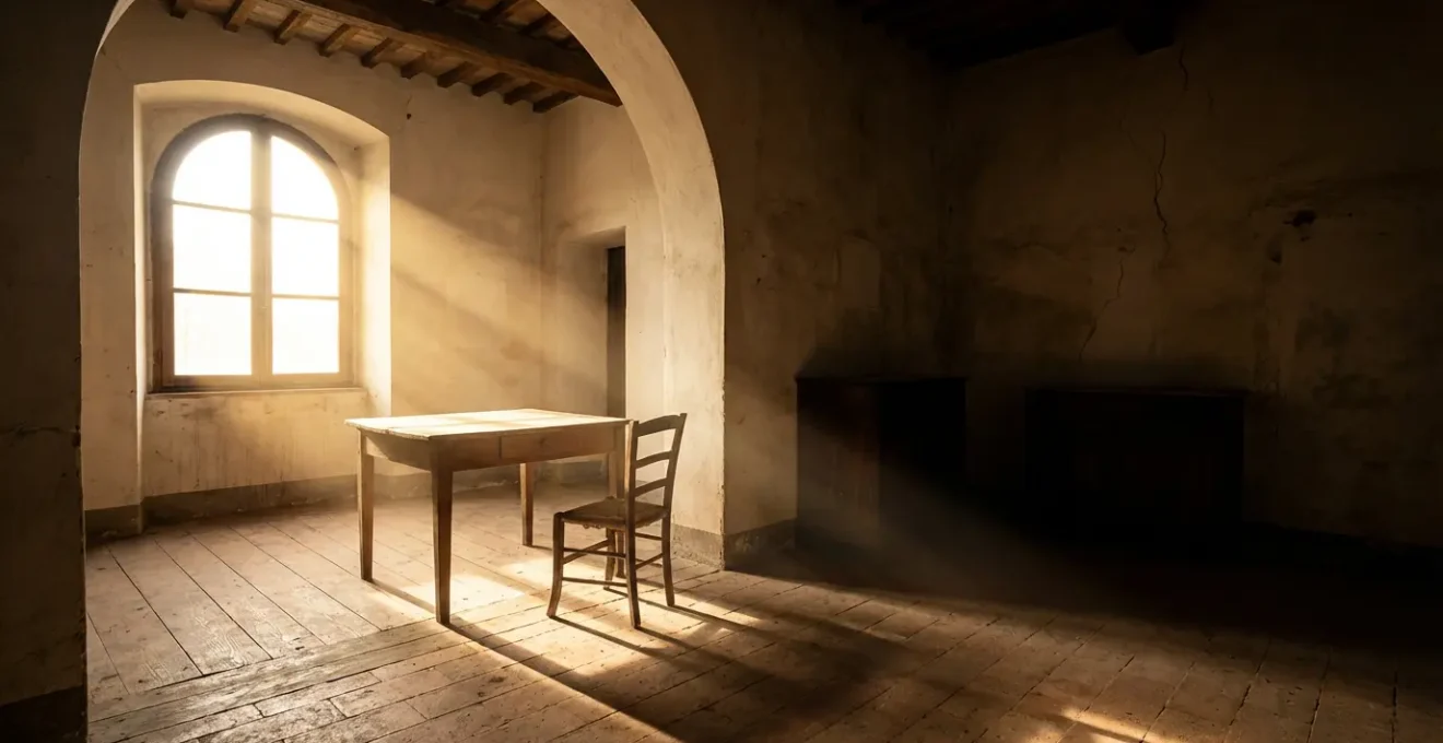 Interno di una stanza con luce naturale filtrata, angolo buio con ombre dense e contrasto luminoso