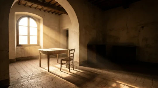 Interno di una stanza con luce naturale filtrata, angolo buio con ombre dense e contrasto luminoso