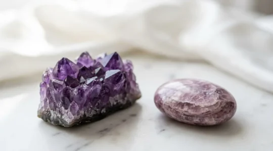 Ametista viola e lepidolite rosa su superficie di marmo bianco per calmare i pensieri ossessivi