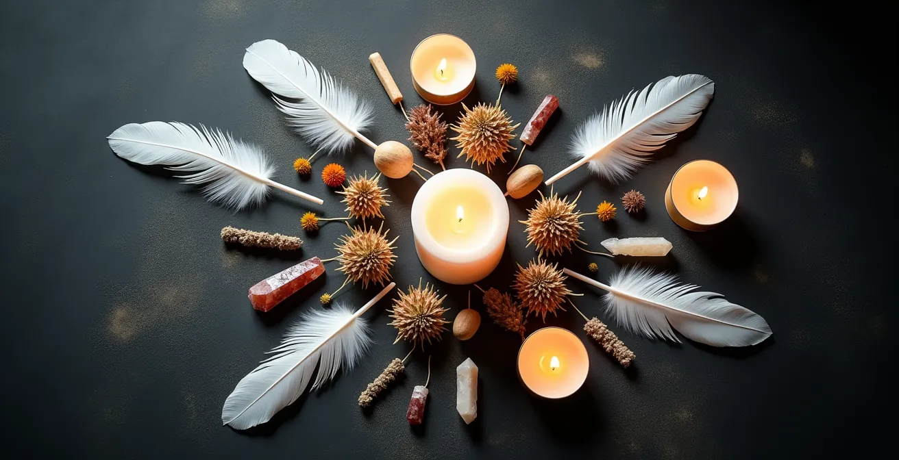 Composizione simbolica con elementi naturali che rappresentano diverse energie spirituali