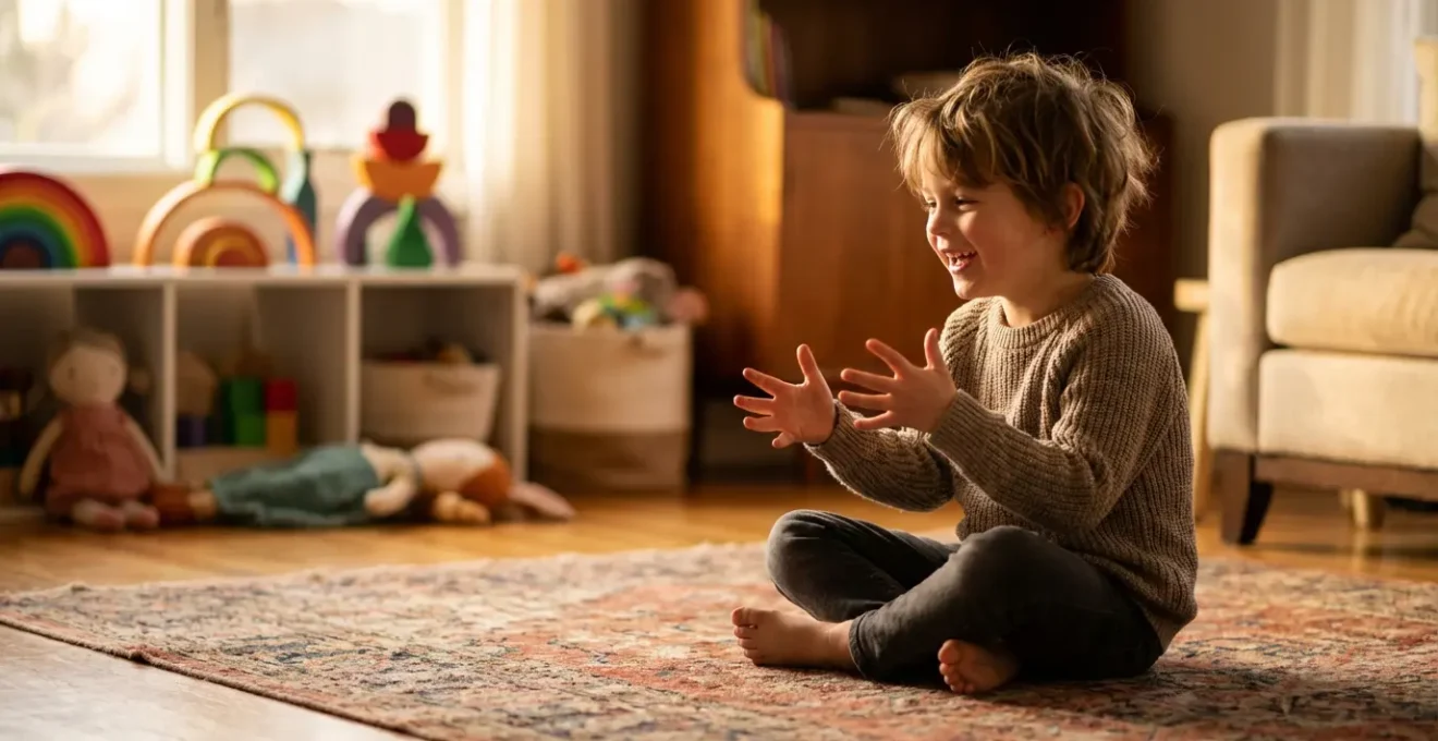 Bambino in età prescolare che gioca immaginando presenze invisibili in un ambiente domestico sereno
