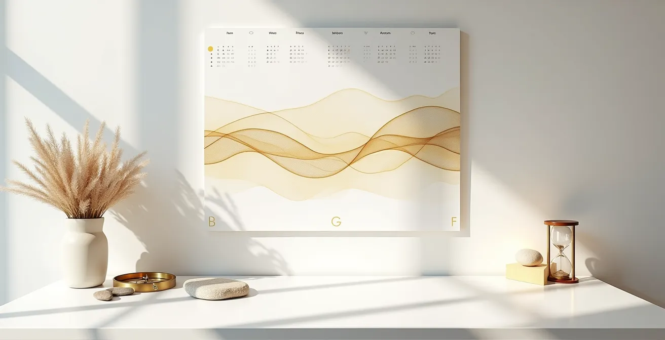 Vista aerea minimalista di un calendario con onde energetiche dorate che fluiscono attraverso i giorni