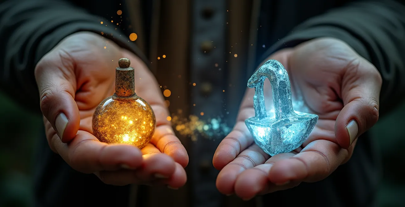 Due mani che tengono strumenti antichi e li trasformano in strumenti luminosi futuristici