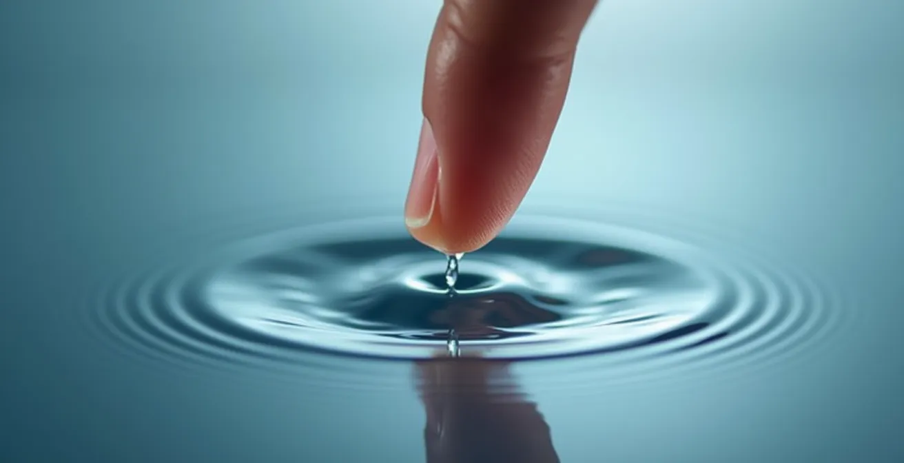 Mano che tocca superficie d'acqua creando cerchi concentrici che si espandono