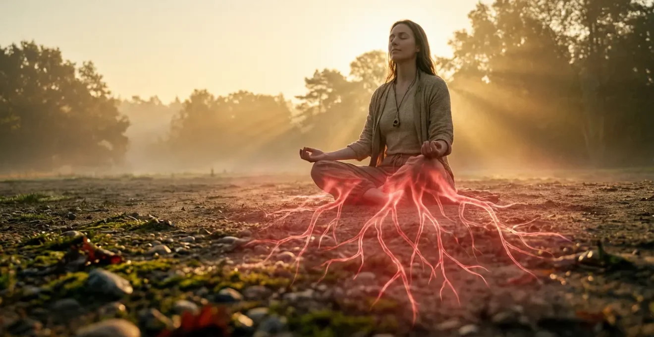 Visualizzazione del primo chakra con radici energetiche che si ancorano alla terra