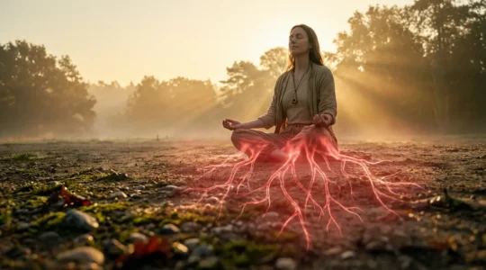 Visualizzazione del primo chakra con radici energetiche che si ancorano alla terra