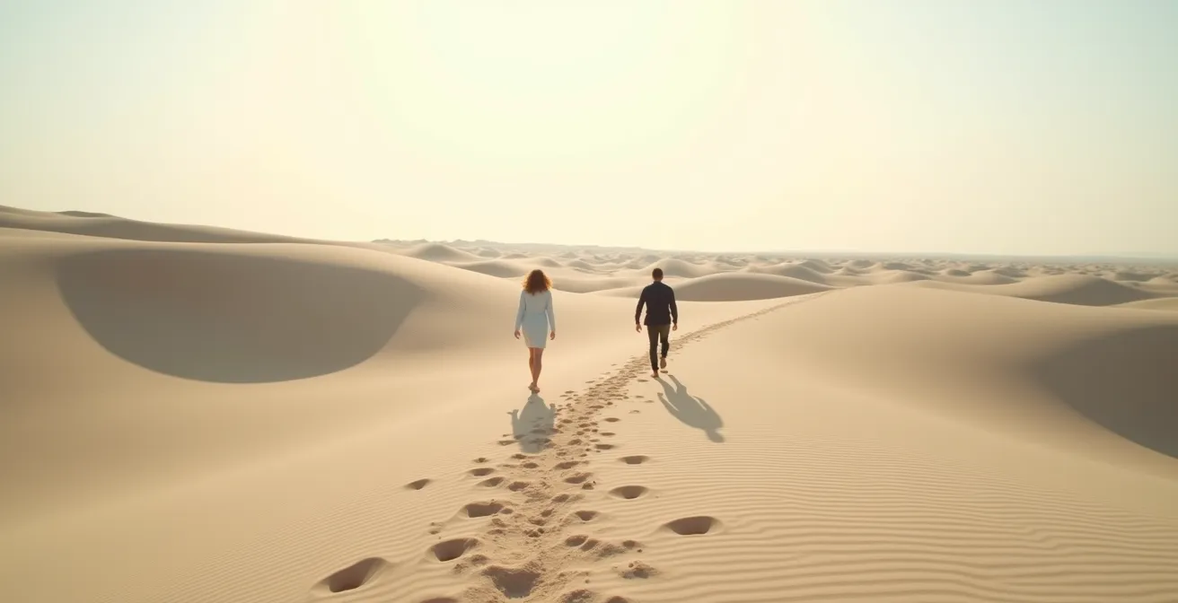 Due persone che camminano su sentieri paralleli che si intrecciano dolcemente