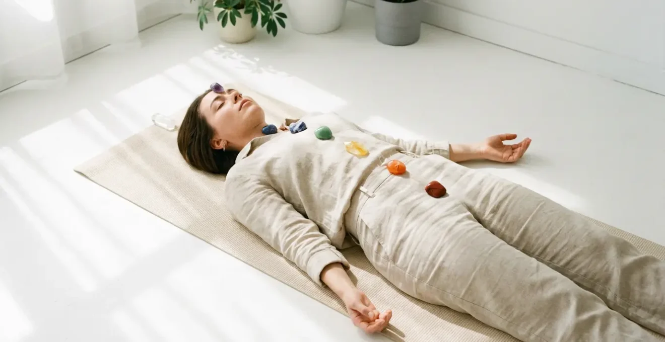 Disposizione armoniosa di cristalli colorati sui sette punti chakra per trattamento di autoguarigione