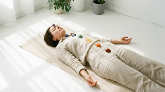 Disposizione armoniosa di cristalli colorati sui sette punti chakra per trattamento di autoguarigione