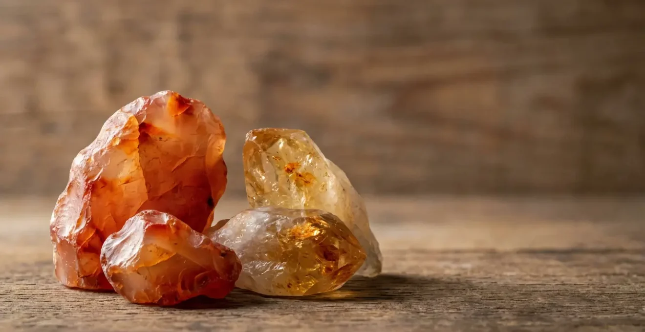 Composizione elegante di pietre di corniola e citrino su superficie di legno naturale