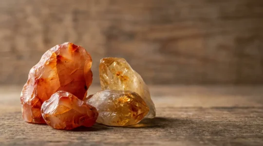 Composizione elegante di pietre di corniola e citrino su superficie di legno naturale