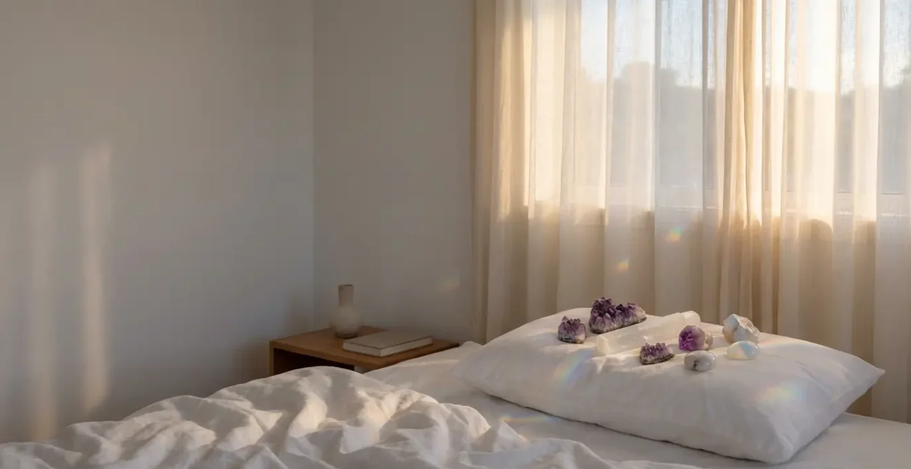 Cristalli luminosi disposti su un cuscino bianco per favorire il sonno profondo