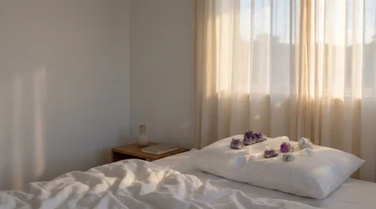 Cristalli luminosi disposti su un cuscino bianco per favorire il sonno profondo