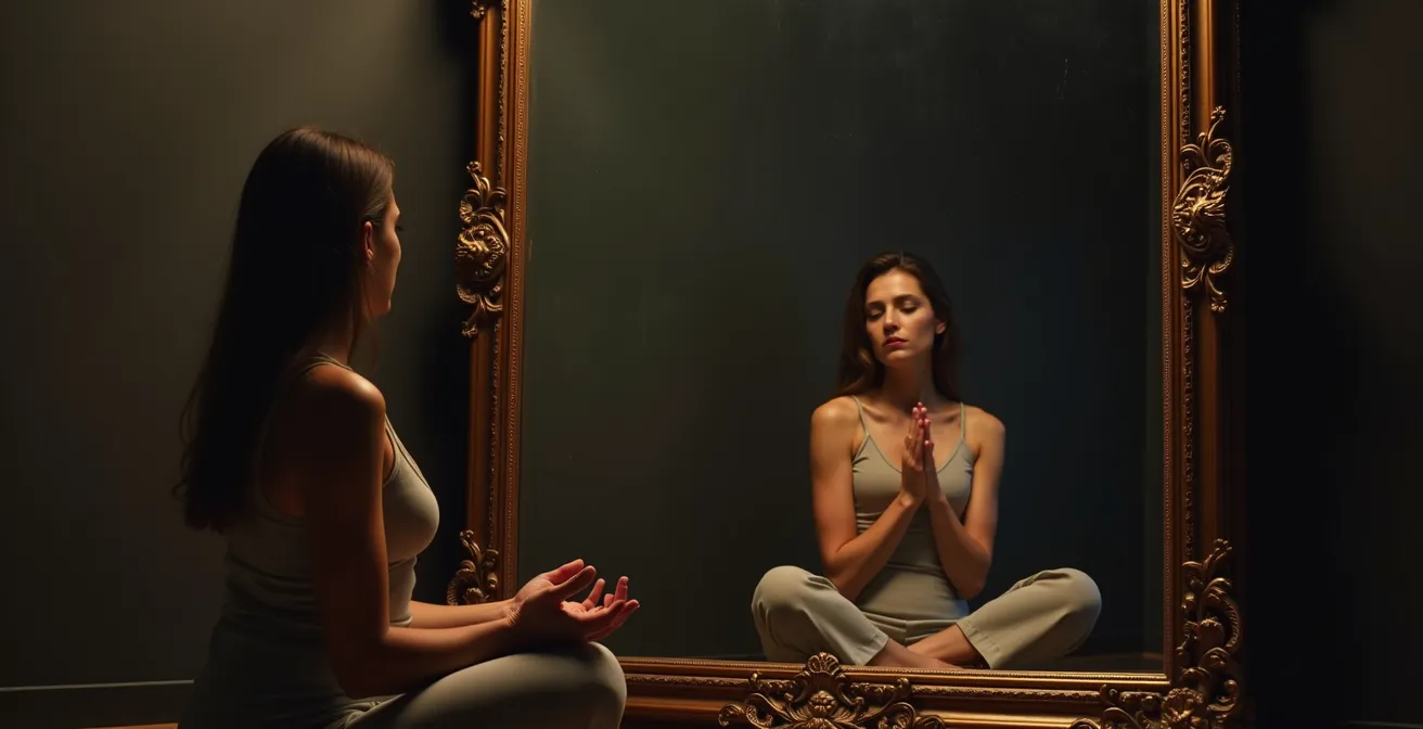 Persona in meditazione con riflesso speculare che mostra due aspetti della personalità