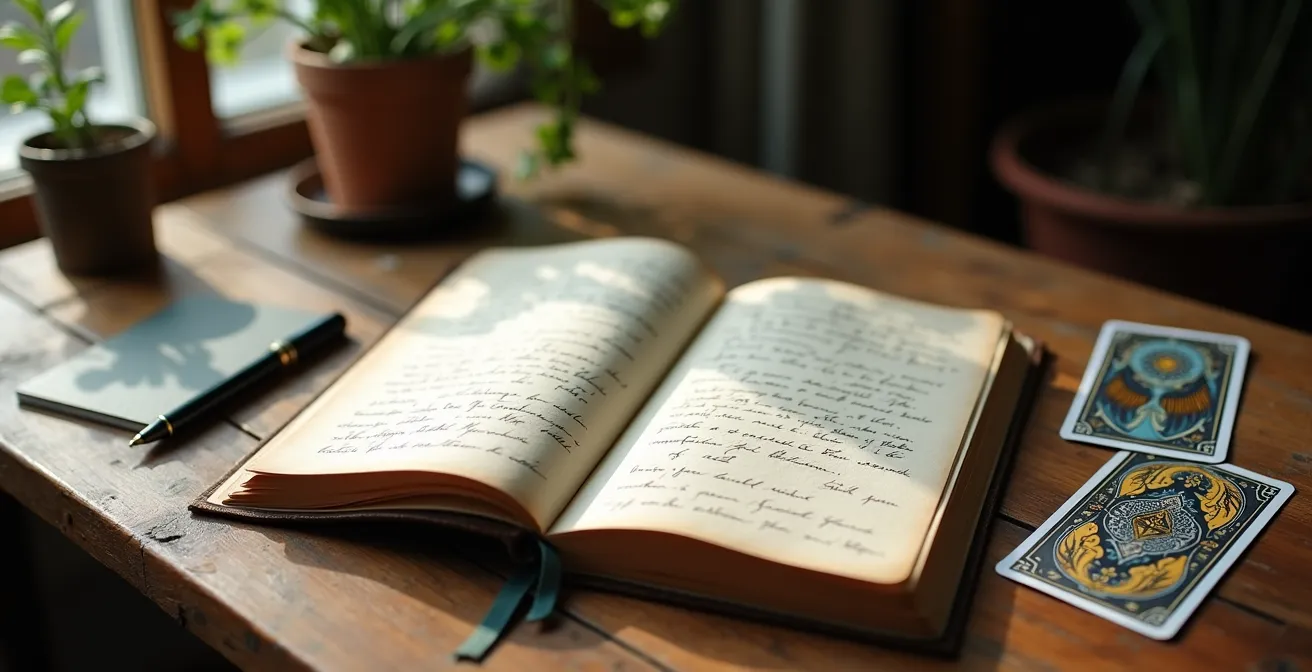 Diario aperto con penna e carte tarocchi disposte accanto su tavolo di legno