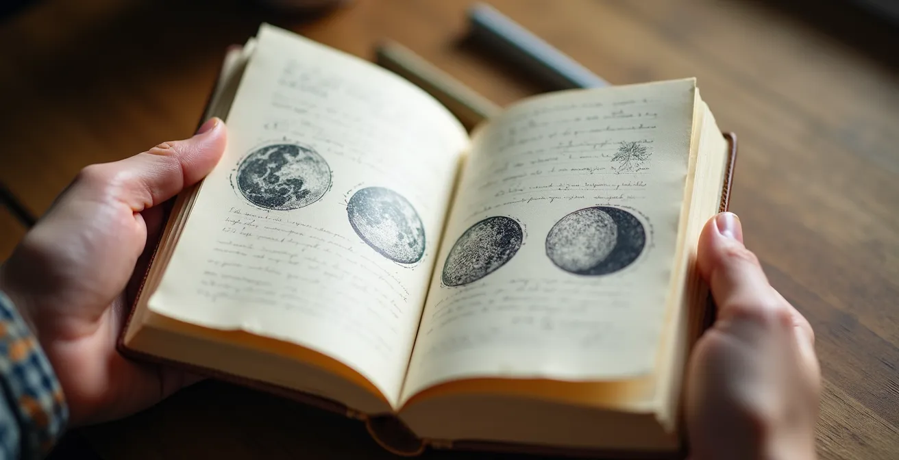 Mani che tengono un diario con simboli lunari astratti e pattern decorativi