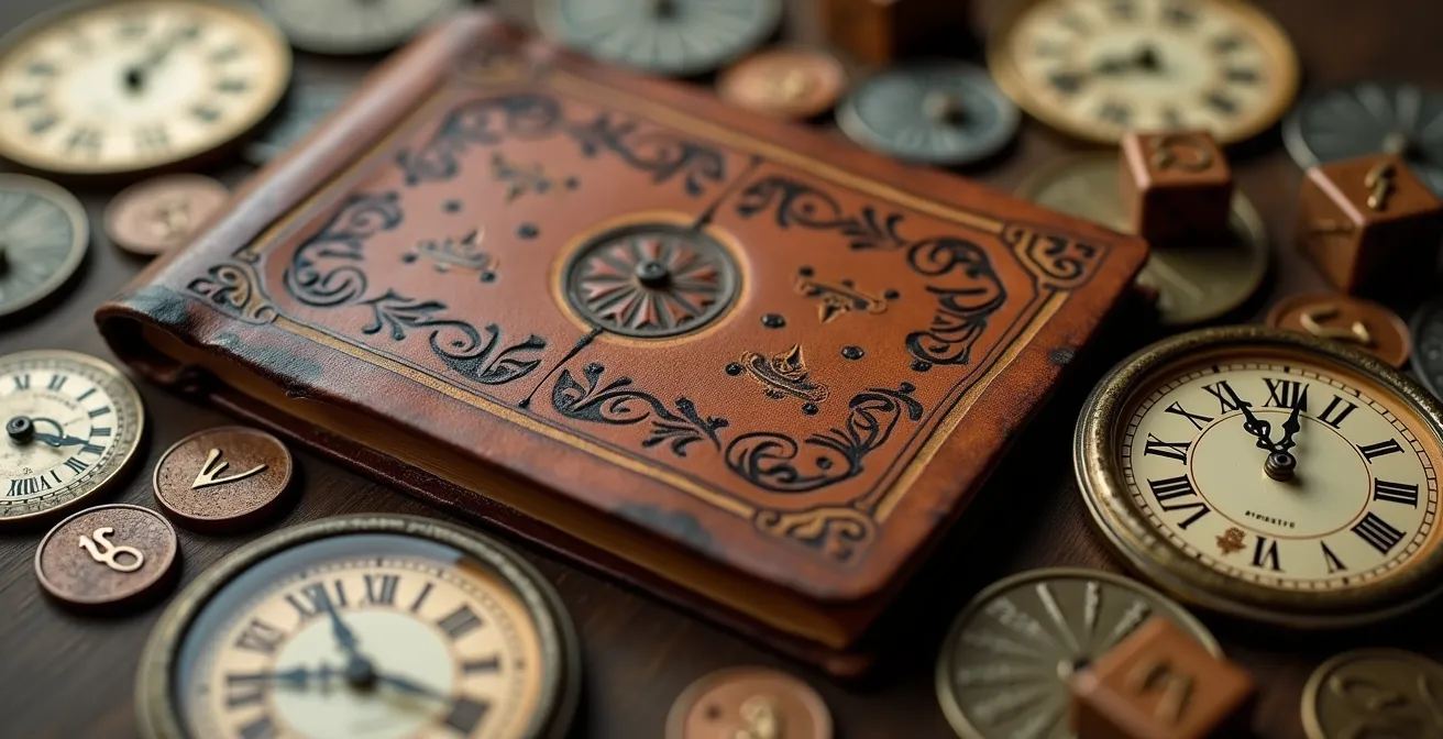 Tavolo con diario aperto circondato da oggetti quotidiani con numeri visibili in prospettiva macro