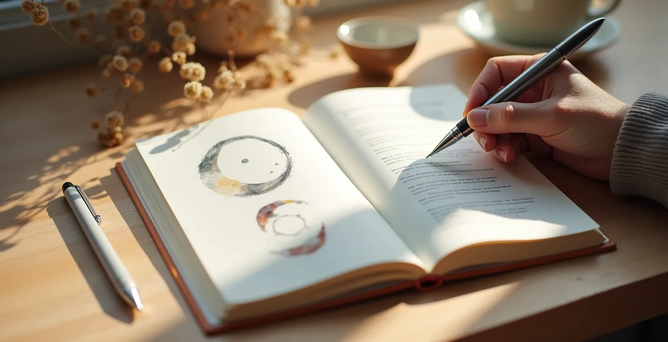 Diario dei sogni aperto con simboli onirici e fasi lunari annotate
