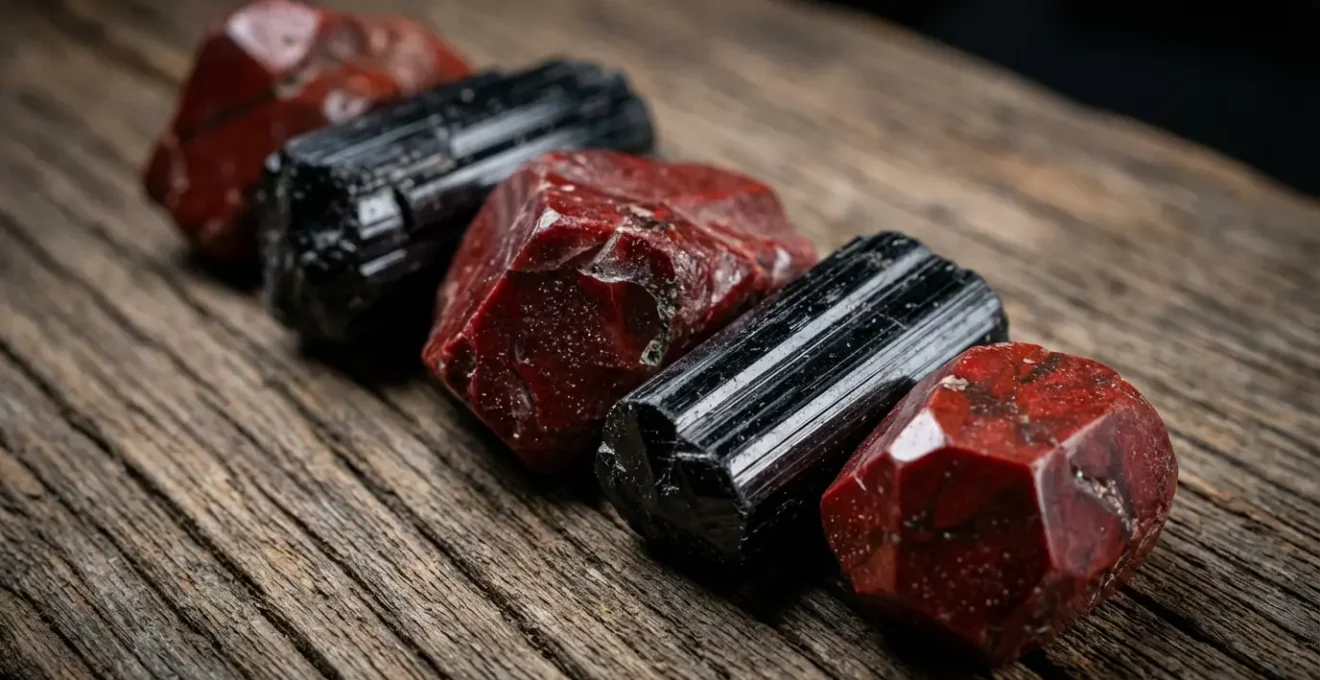 Composizione artistica di diaspro rosso e tormalina nera per il radicamento energetico