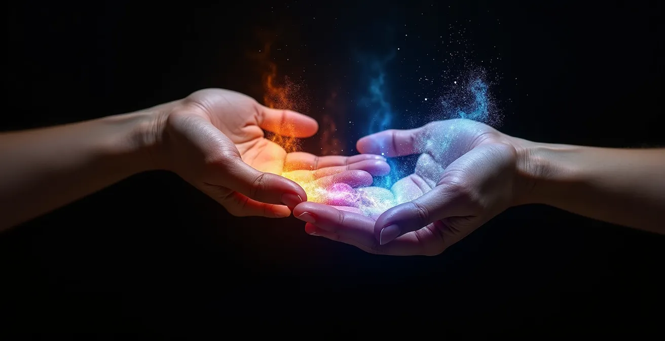Due mani sovrapposte con energie di colore diverso che fluiscono attraverso di esse