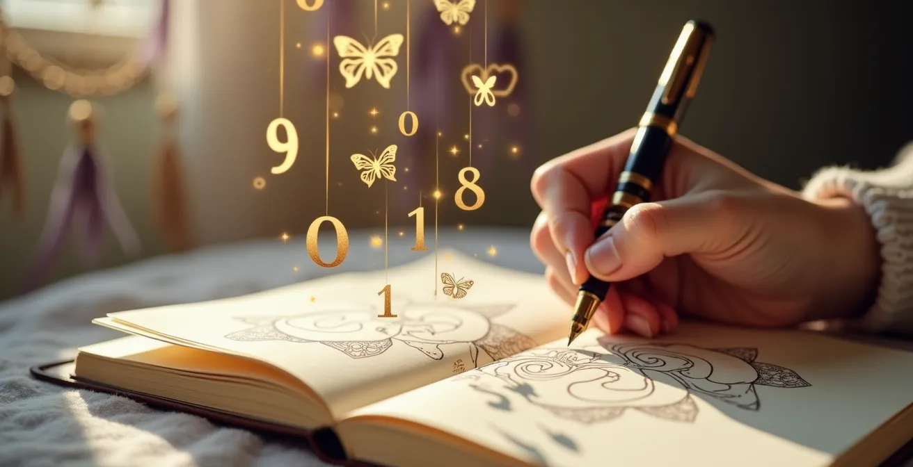 Mano che scrive simboli onirici in un diario con numeri fluttuanti dorati nell'aria
