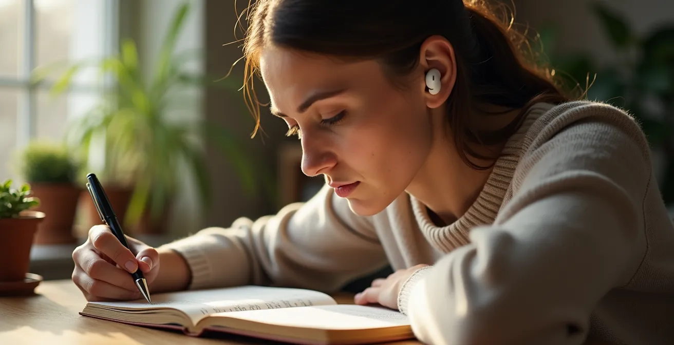 Donna concentrata che ascolta una registrazione audio con auricolari mentre prende appunti su un taccuino