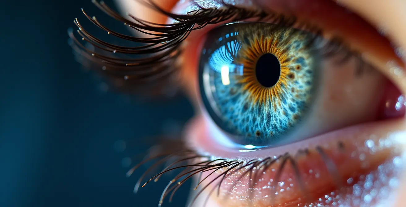 Primo piano macro di un occhio che riflette la superficie di una sfera di cristallo