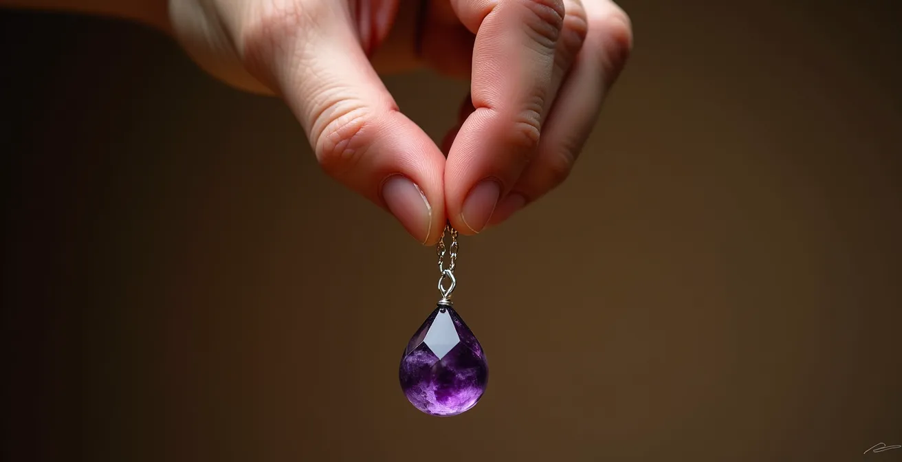 Dettaglio macro di una mano che tiene un pendolo con focus sui muscoli in tensione