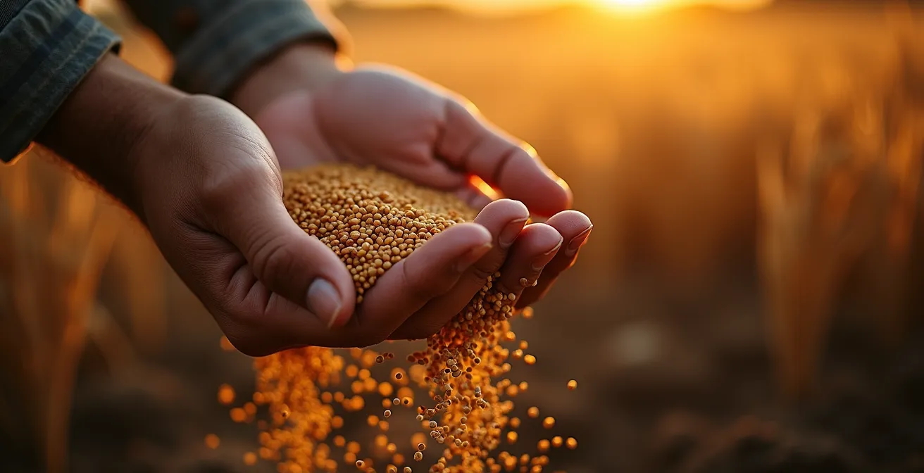 Mani che seminano in un campo al tramonto con vento che soffia i semi