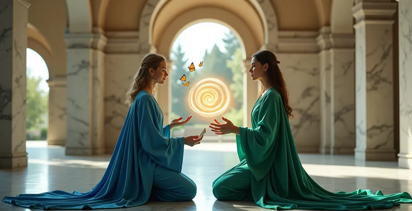 Due figure femminili in equilibrio, una meditativa e una attiva, unite da un flusso energetico