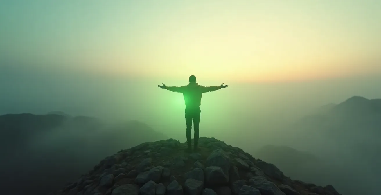 Figura umana in meditazione con chakra del cuore luminoso che connette terra e cielo