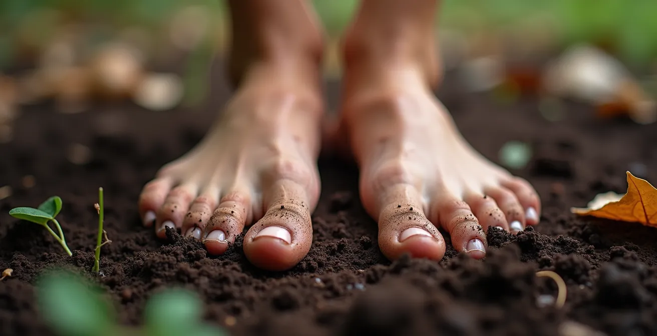 Piedi nudi su terreno naturale con radici energetiche che scendono nella terra
