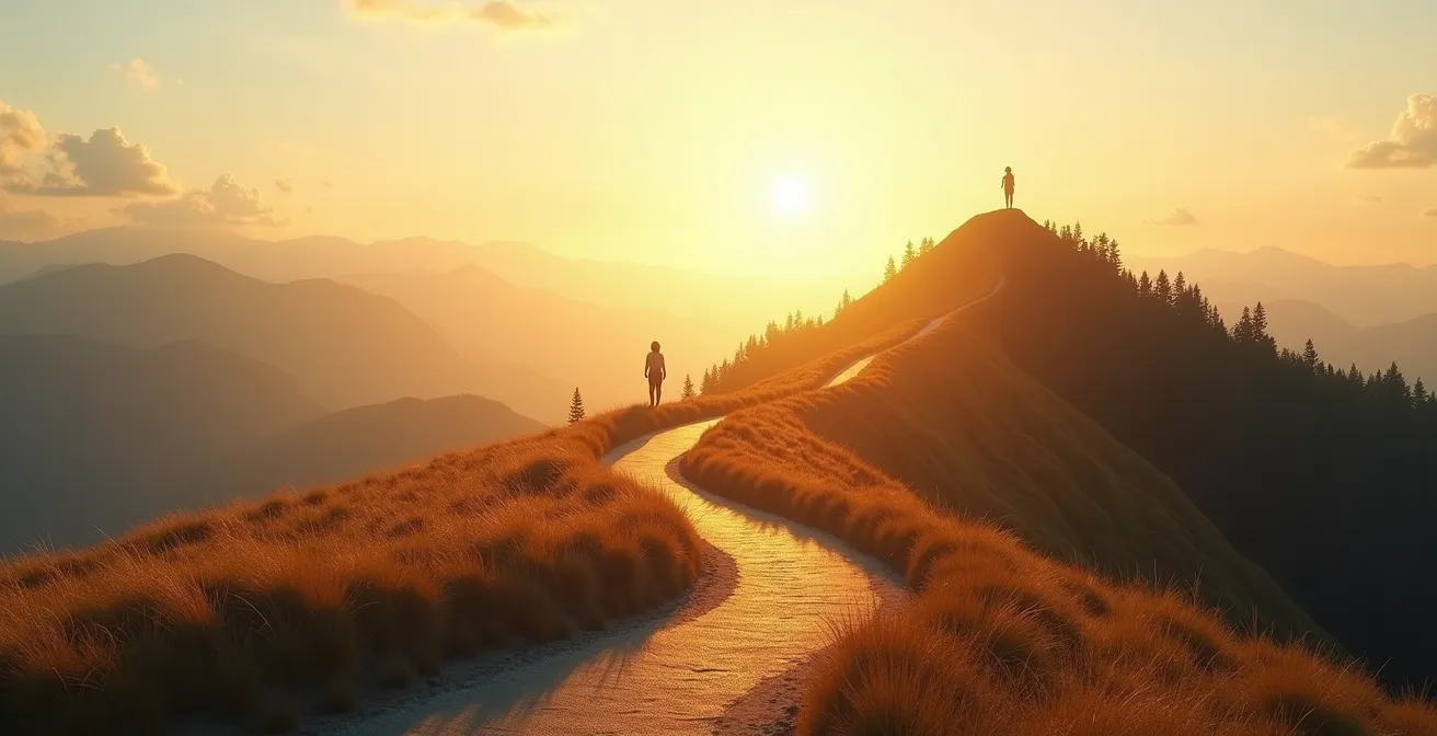 Percorso evolutivo della coscienza solare che culmina nella vita adulta, rappresentato da un sentiero verso una vetta illuminata dal sole