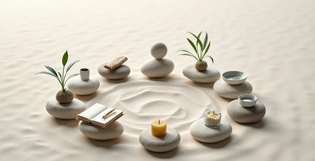 Otto fasi lunari con attività associate visualizzate in modo artistico e minimalista su un letto di sabbia.