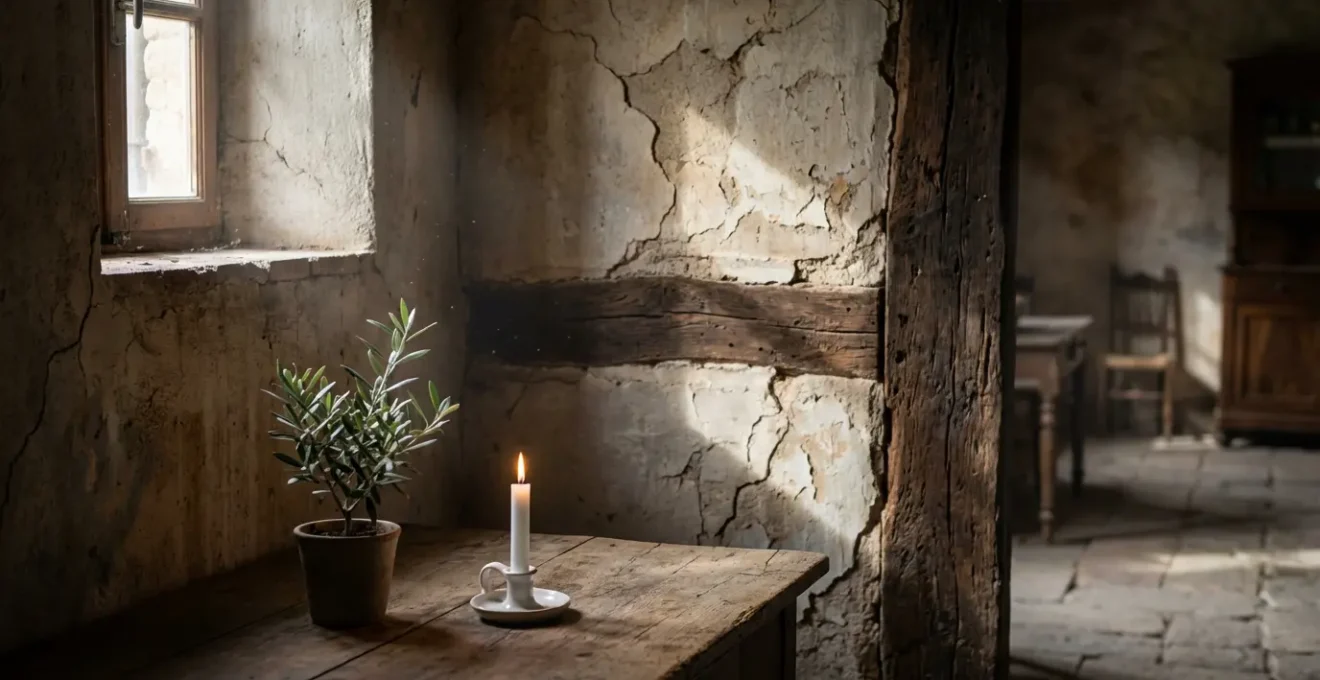 Vecchia casa italiana con pareti in pietra e travi di legno, luce che filtra attraverso finestre polverose