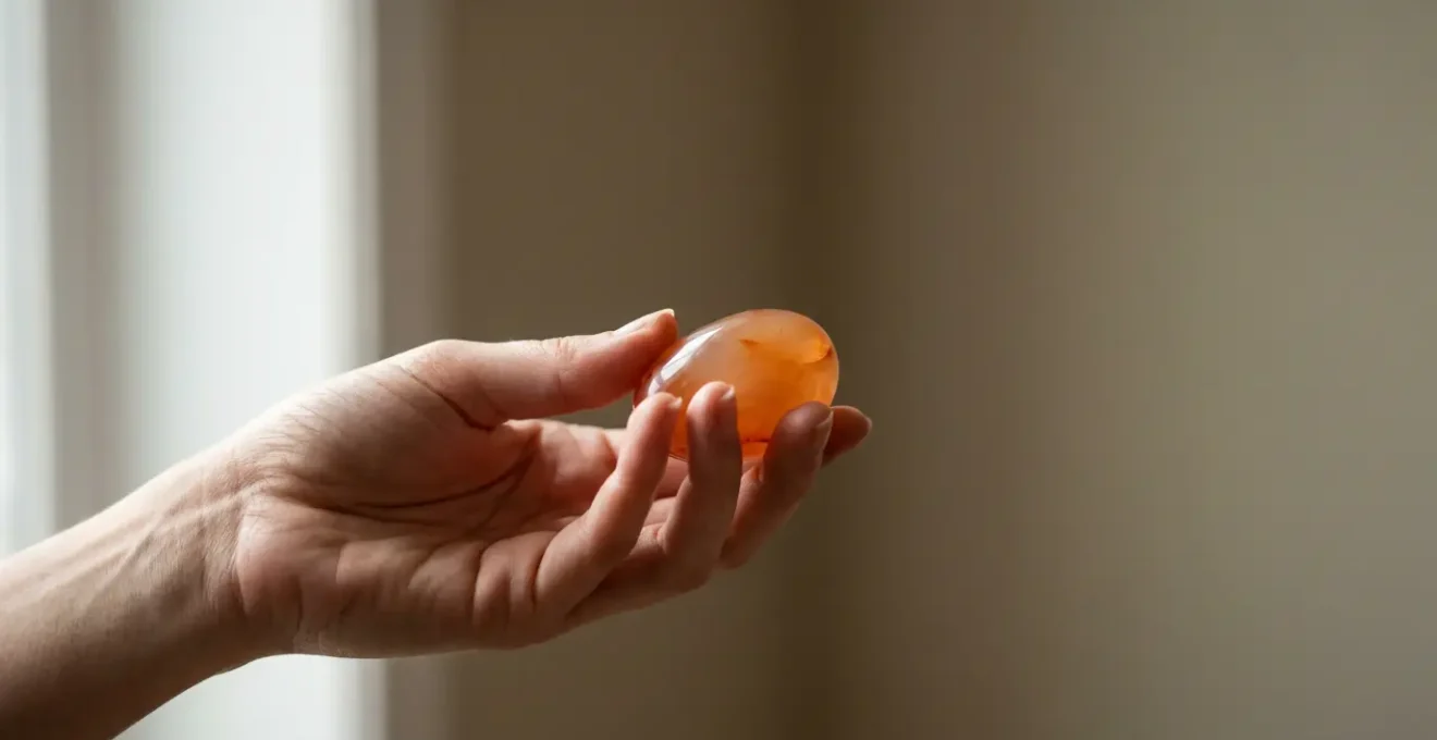 Mano femminile che stringe delicatamente una pietra di corniola lucida