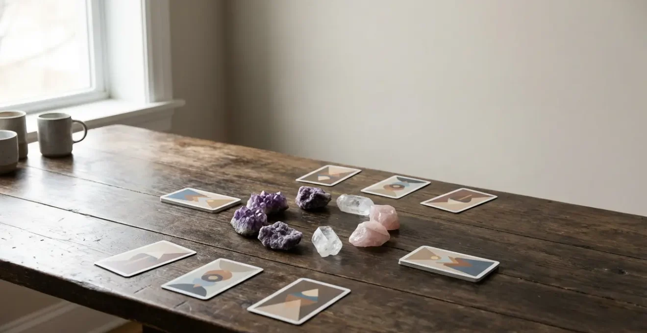 Disposizione di cristalli su tavolo durante consulto di cartomanzia
