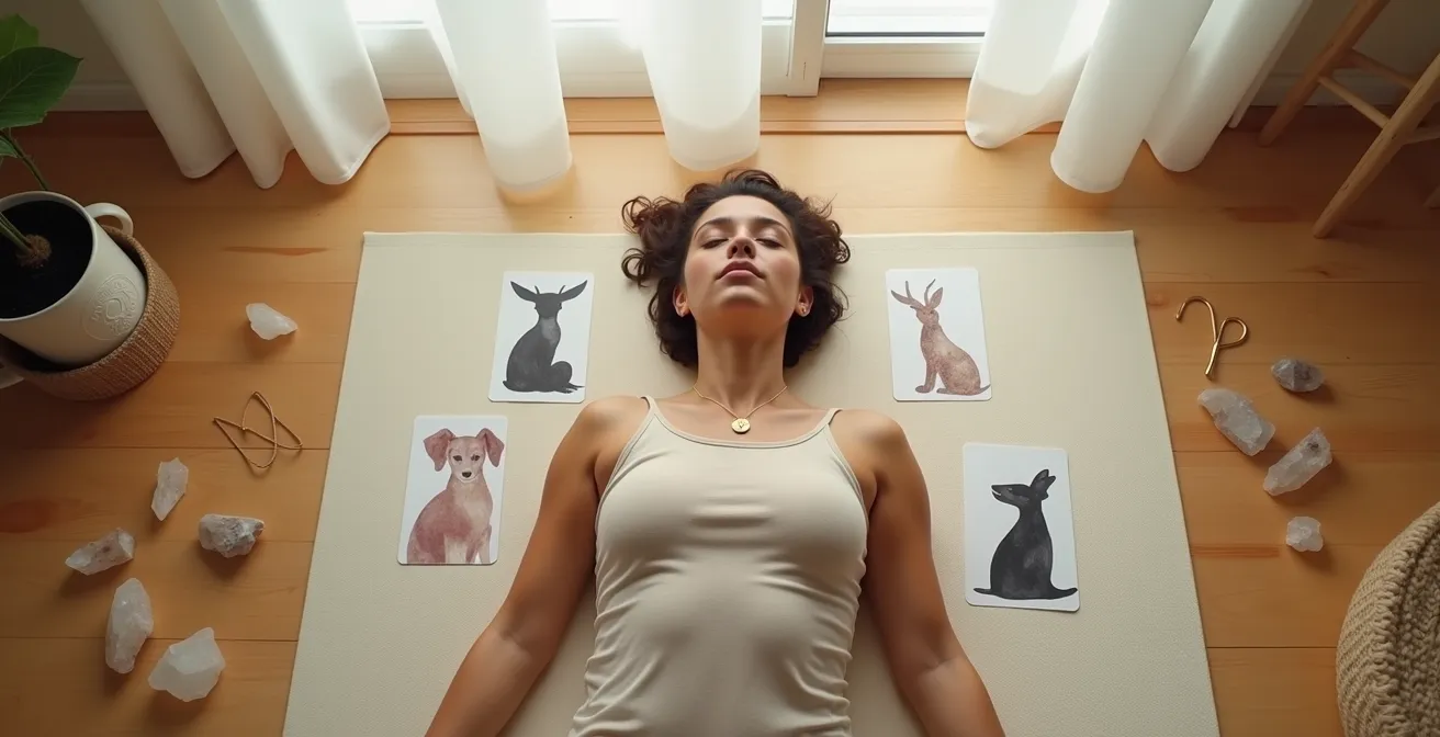 Sagoma umana stilizzata circondata da carte oracolo posizionate sui chakra