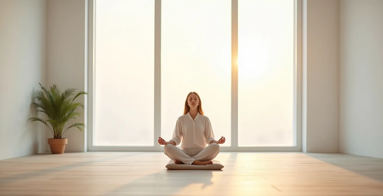 Persona in meditazione circondata da un ambiente sereno e armonioso