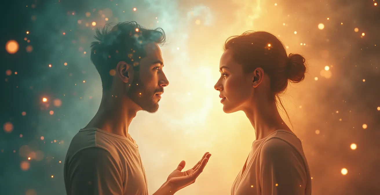 Due figure umane in uno spazio onirico astratto con elementi geometrici fluttuanti che rappresentano l'incontro con un mentore nel sogno