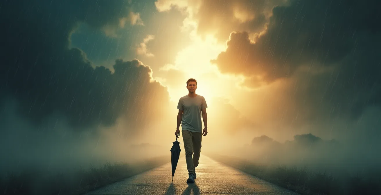 Una persona che cammina serena con un ombrello chiuso, attraversando un confine tra nuvole di tempesta e un cielo soleggiato.