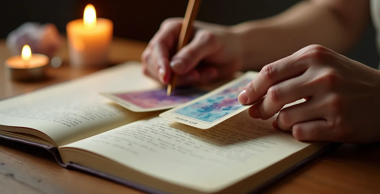 Mani che tengono delicatamente carte oracolo sopra un quaderno aperto con annotazioni