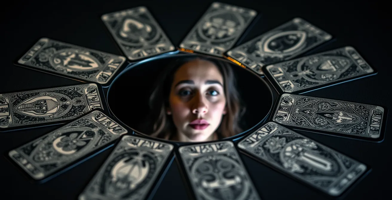 Volto riflesso in uno specchio con carte tarocchi sfocate in primo piano