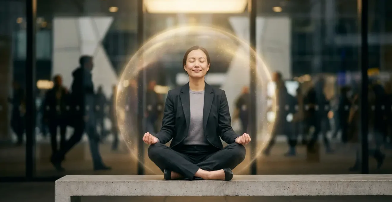 Persona meditante circondata da luce dorata protettiva in ambiente urbano