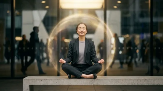 Persona meditante circondata da luce dorata protettiva in ambiente urbano