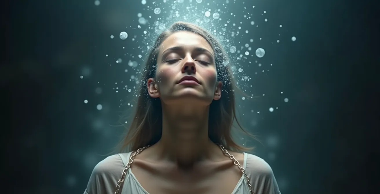 Persona in meditazione con aura luminosa che dissolve catene invisibili intorno al corpo