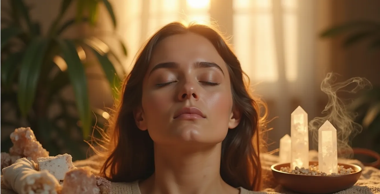 Persona in meditazione circondata da elementi naturali protettivi